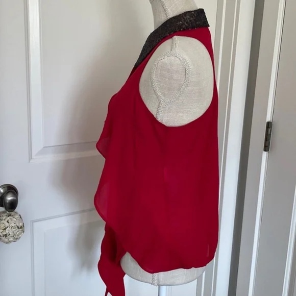 XOXO | Vintage Y2K Red Sleeveless Sheer Blouse with Gold Sequin Collar, Size M - Picture 10 of 13